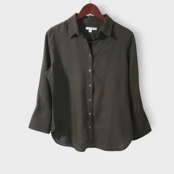Chico's Dark Green 100% Linen Button Up Shirt Sz 6 Small Career Contemporary - Picture 1 of 12